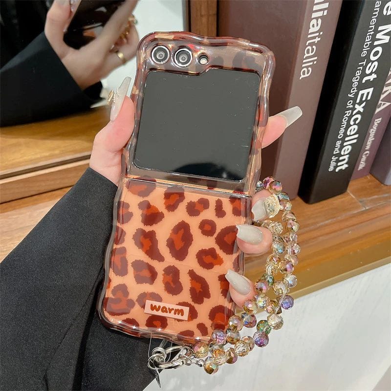 Samsung Galaxy Z Flip 7FE Leopard Print Case With Crystal Beaded Holder