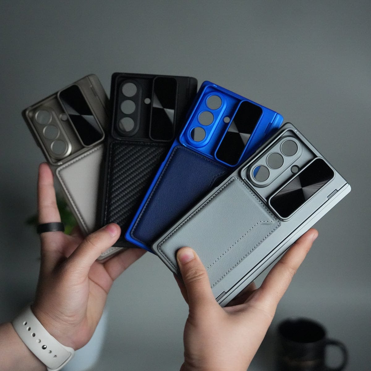 Galaxy Z Fold 7 Camera Shutter Case | Slim Hard Back Cover with Card Holder & Hinge Kickstand | Shockproof Protective Case