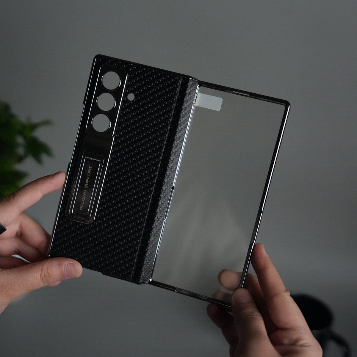 Galaxy Z Fold 7 Carbon Fiber Texture Case with Front Glass Protection | Chrome Plated Frame & Kick Stand