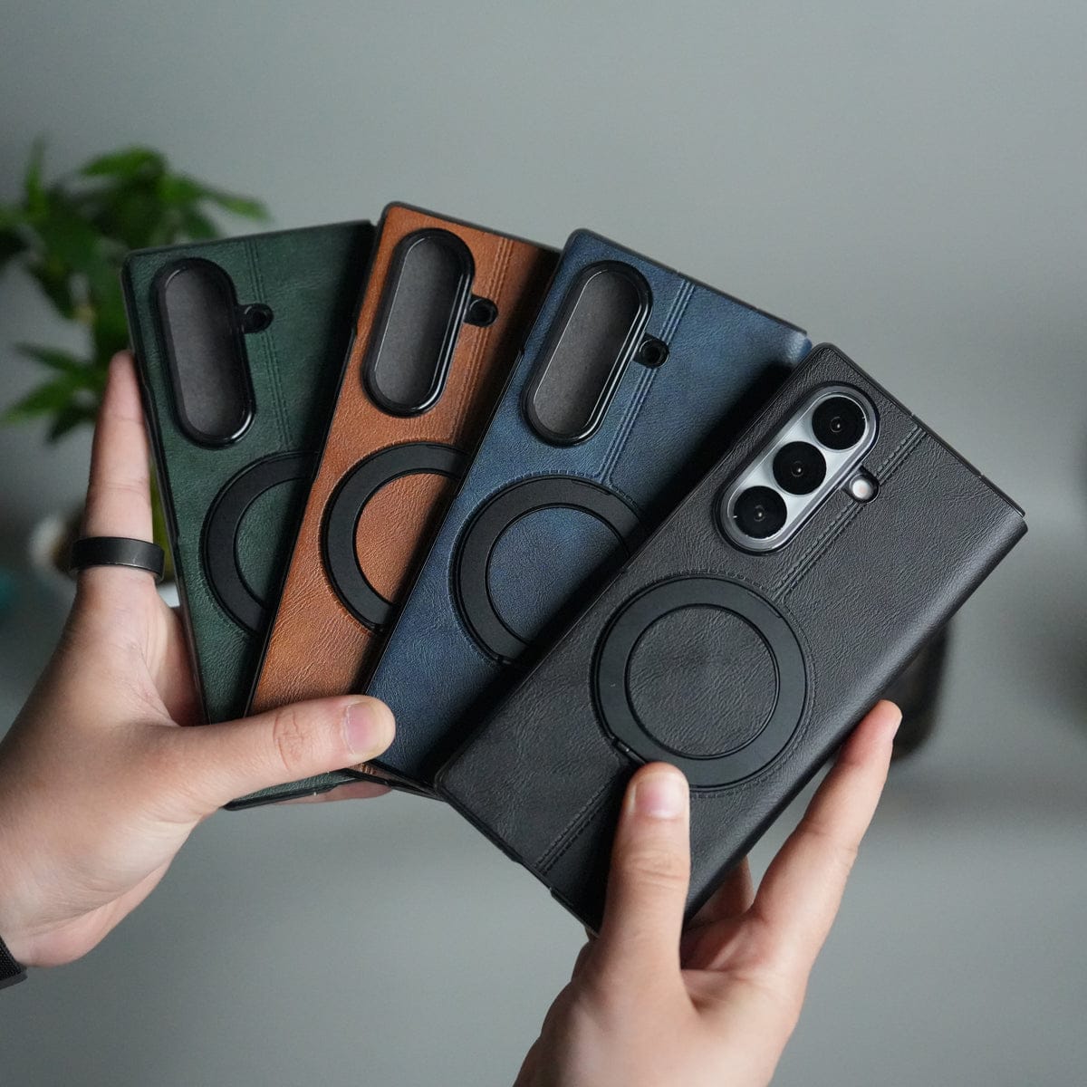 Galaxy Z Fold 5 Luxury Leather Rotating Ring Stand Case