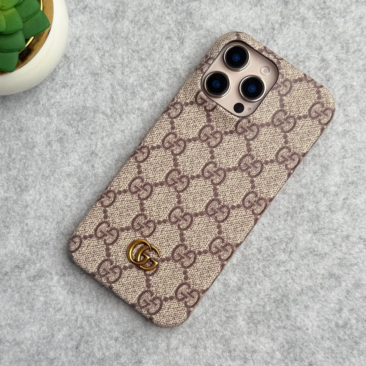 iPhone 15 Series Luxury GG Pattern PU Leather Camera Bump Case