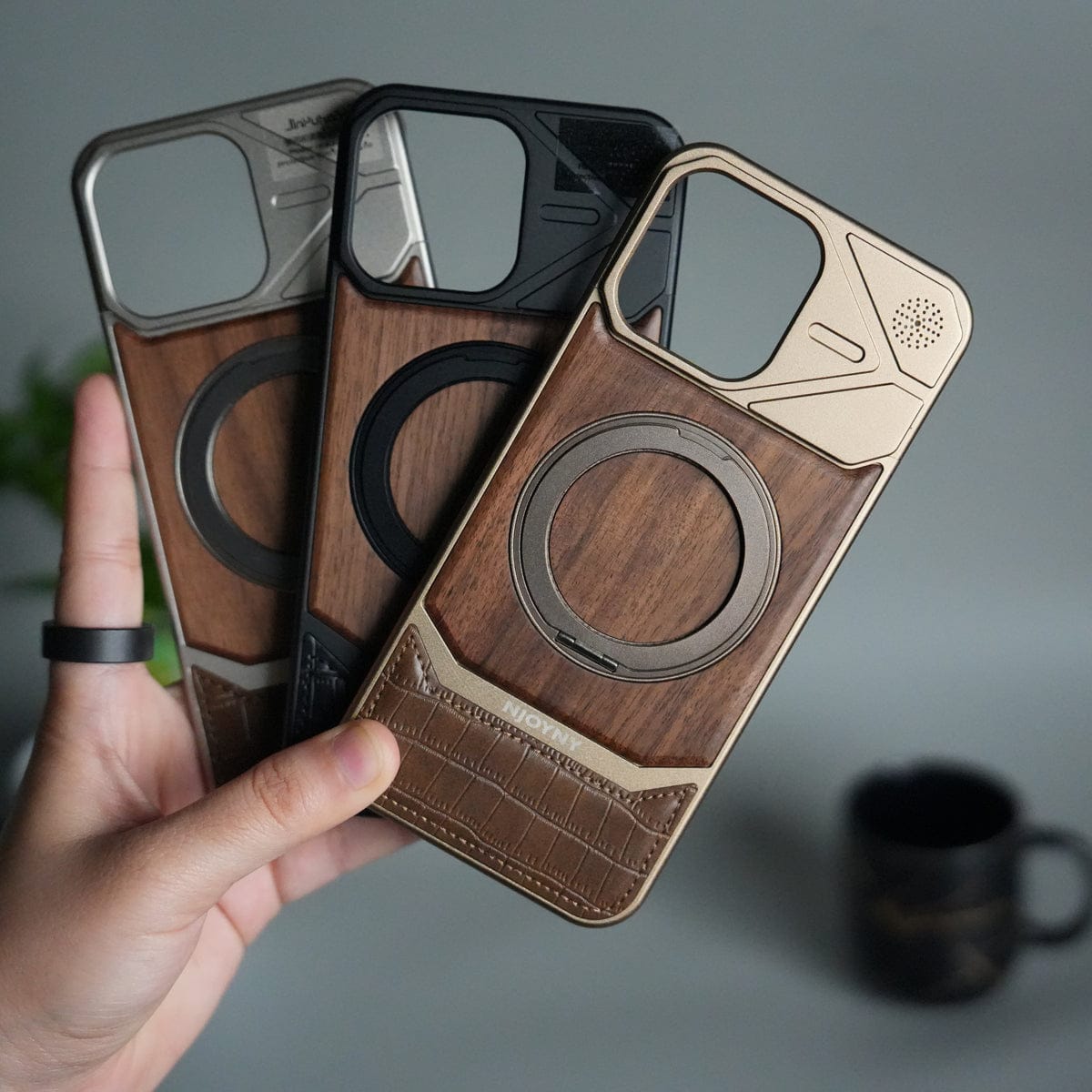 iPhone 16 Series Metallic Wood Leather AeroFLex Aluminium Case With Rotating Stand