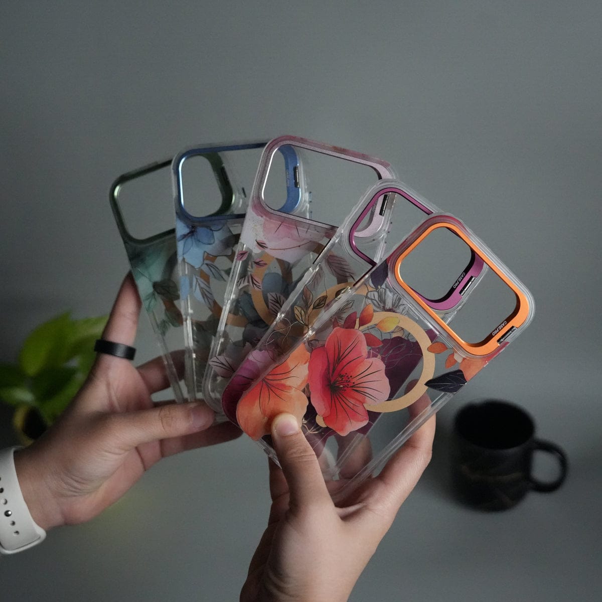 iPhone 17 Pro FloraCrystal Clear Floral Design Case with Color Metal Camera Stand Frame