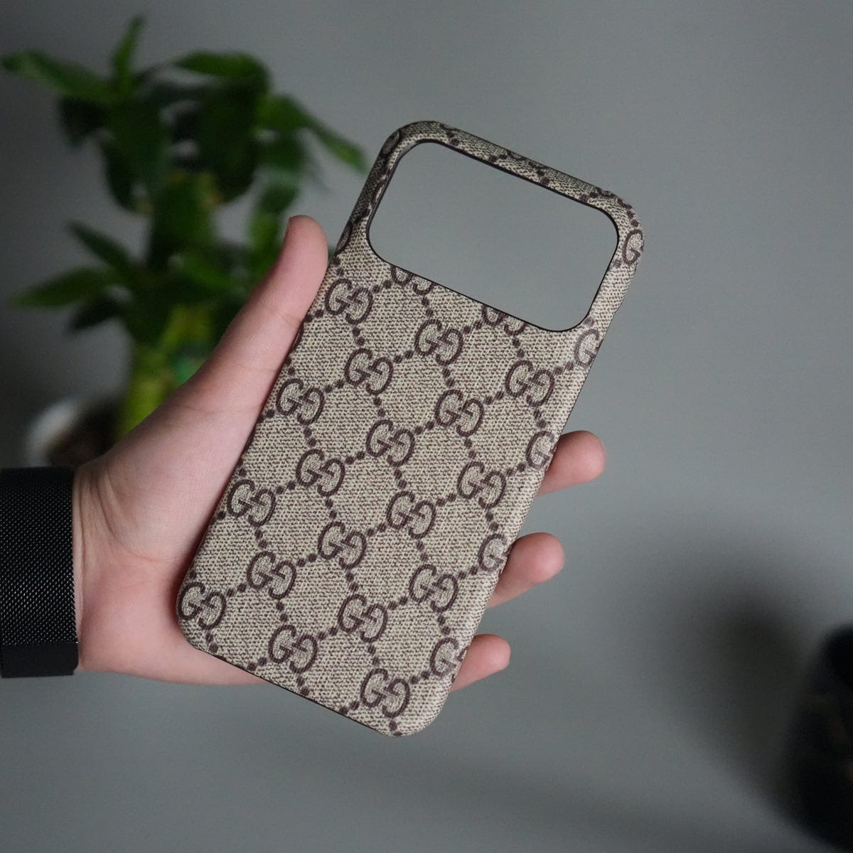 iPhone 17 Pro Luxury GG Pattern PU Leather Case Cover (Beige)