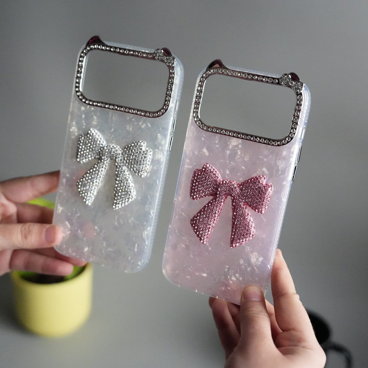 iPhone 17 Pro Marble Design Case | Luxury Rhinestone Camera Frame & 3D Diamond Bow Cover