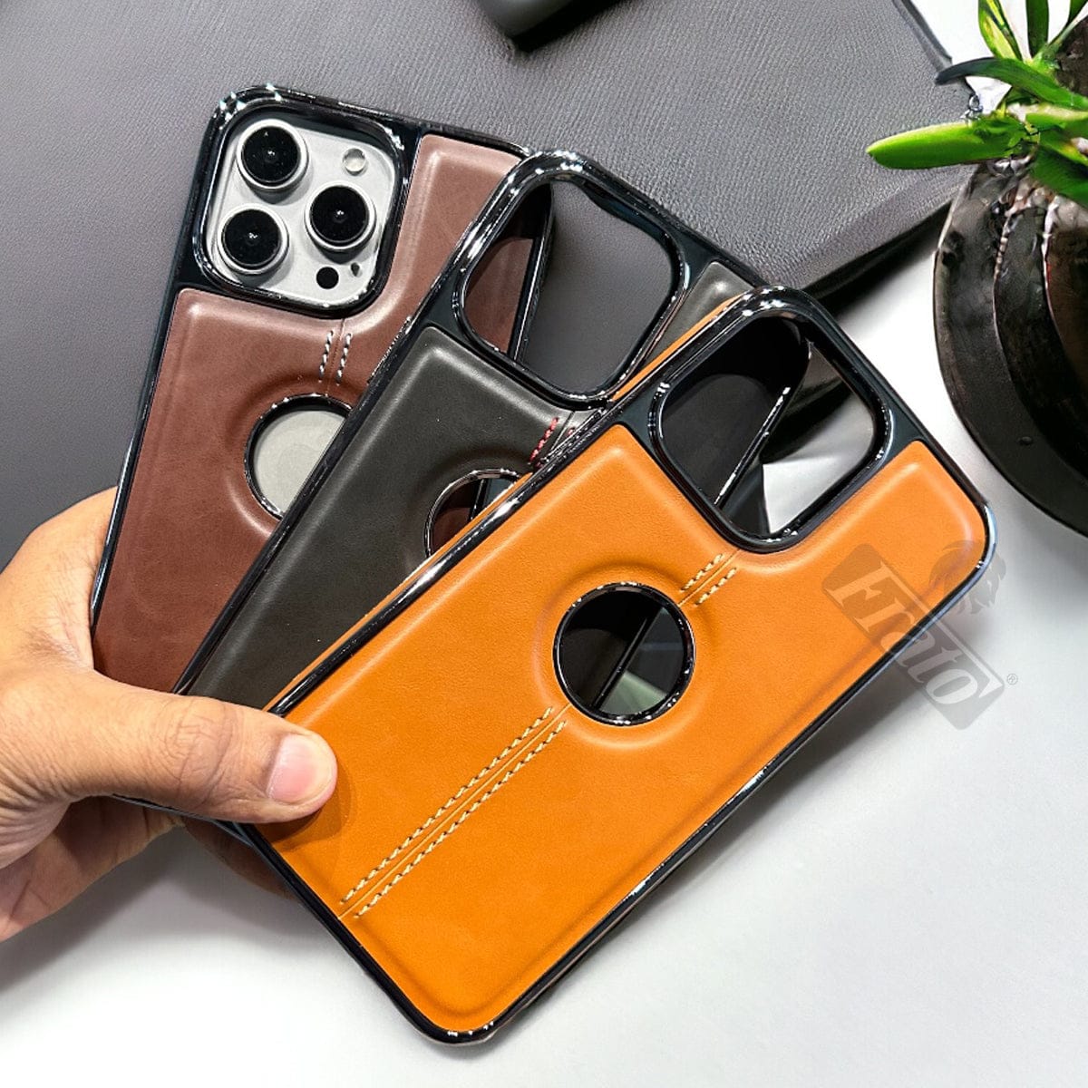 iPhone 15 Series Logo Cut Chrome Plated PU leather Luxry Case Cover