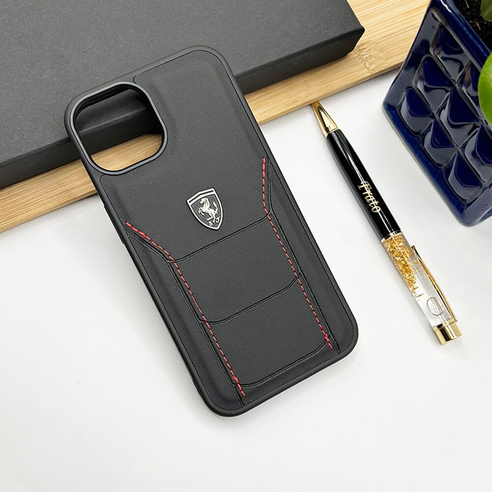 iPhone Ferrari Sports Car Logo Side Stitch Leather Cover Black