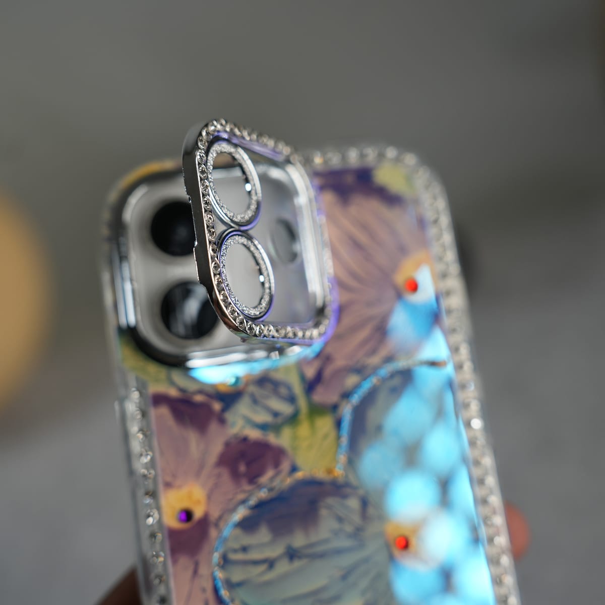 iPhone Luxury 3D Oil Painting Floral Design Glitter Lens Protection Stand Cover | Green