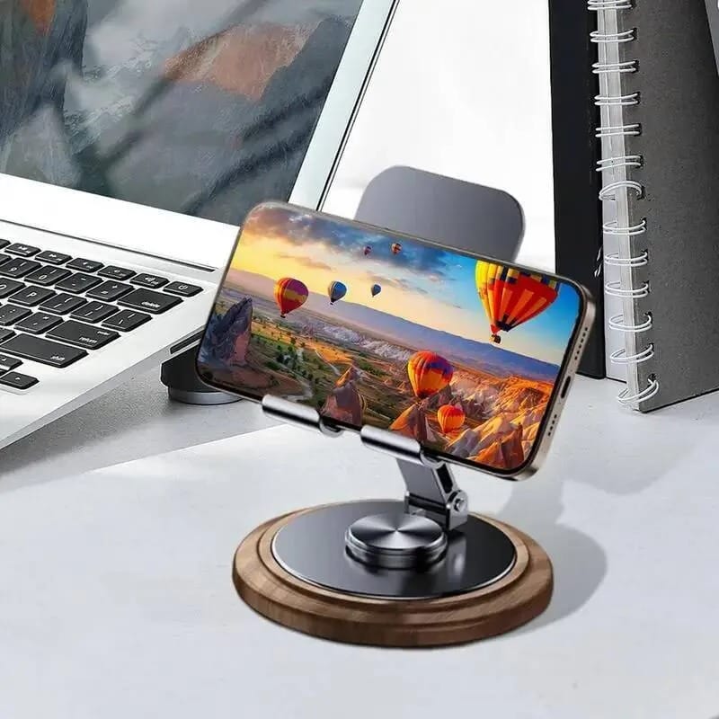 Premium 360° Rotating Metal Mobile Phone Stand with Wooden Finish Base | Foldable Adjustable Desk Holder for Smartphone & Tablet