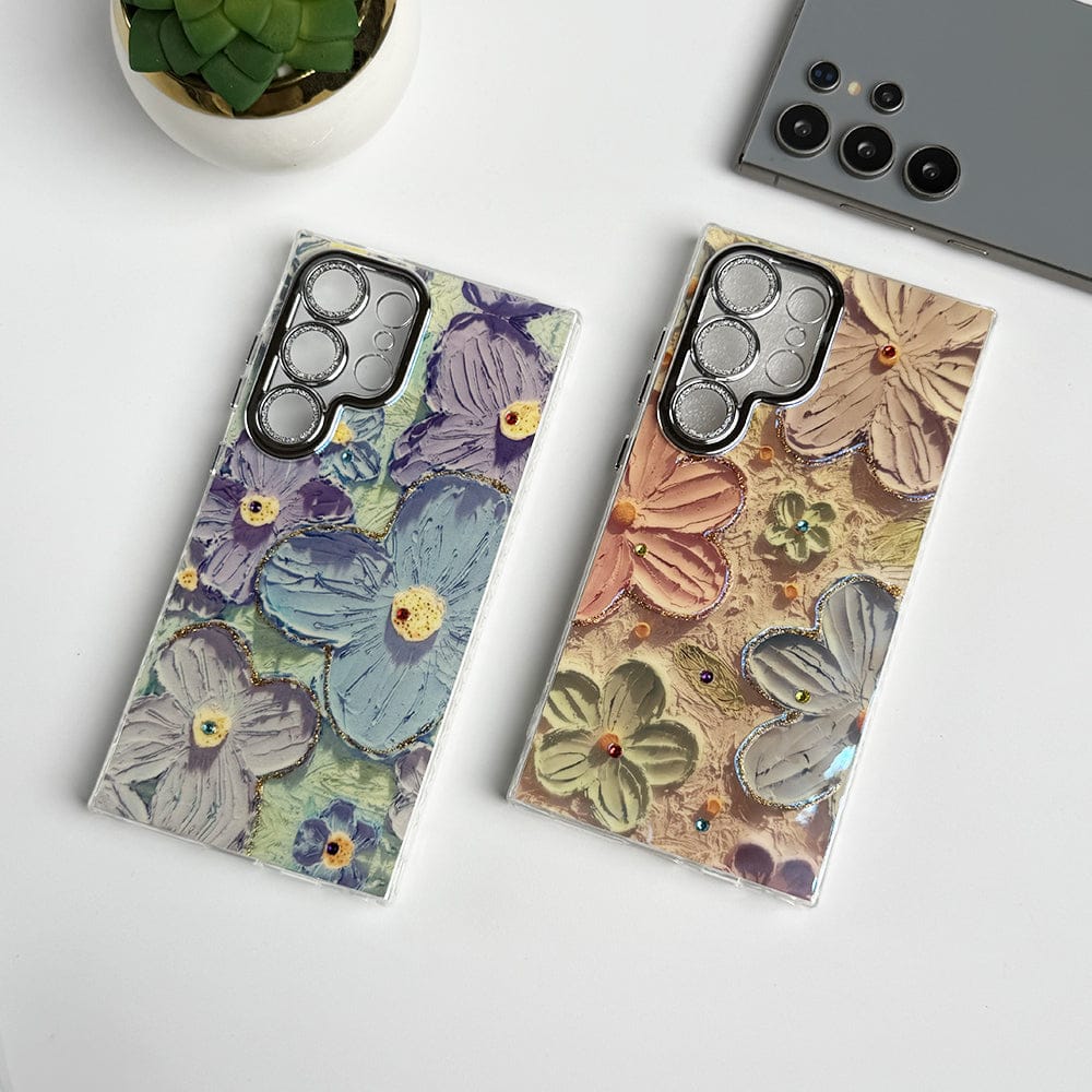 Samsung Galaxy S24 Ultra Luxury 3D Oil Painting Floral Design Glitter Lens Protection Cover