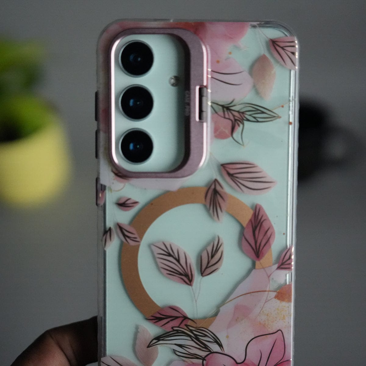 Galaxy S24 FloraCrystal Clear Floral Design Case with Color Metal Camera Stand Frame