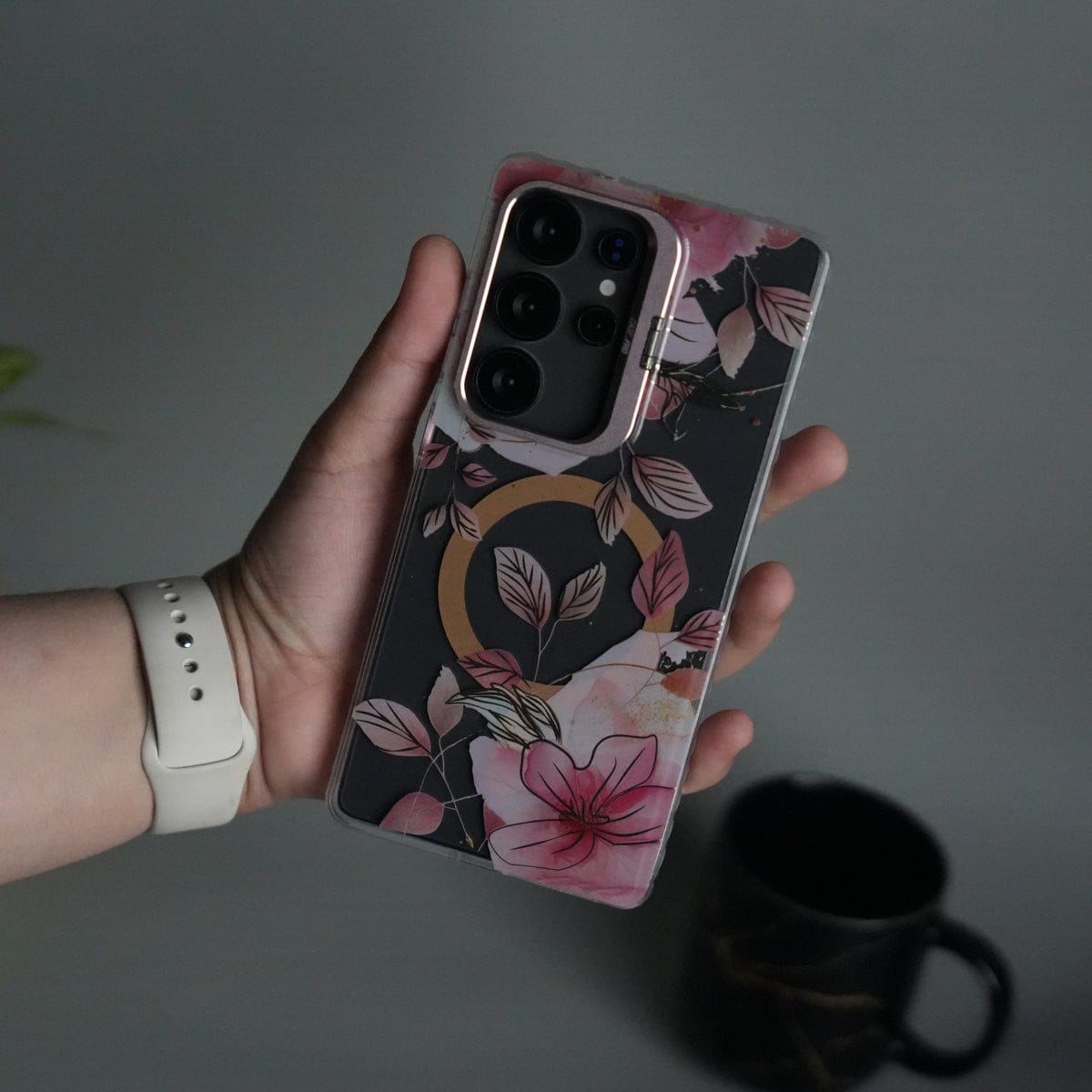 Galaxy S23 Ultra FloraCrystal Clear Floral Design Case with Color Metal Camera Stand Frame