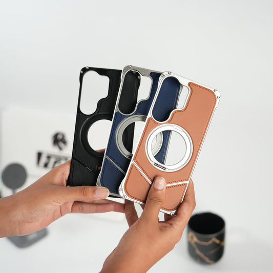 Galaxy S26 Ultra Premium Leather Aluminium Metal Snap On Rotating Stand case