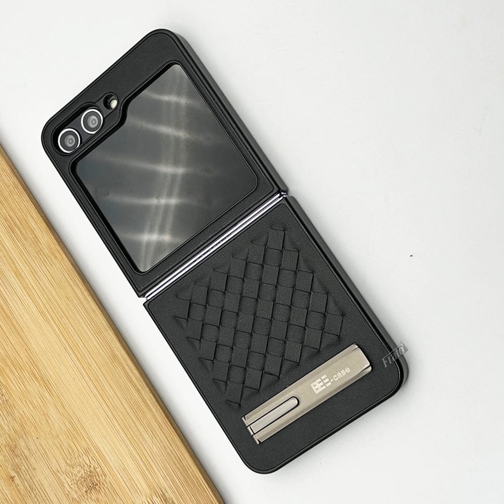 Samsung Galaxy Z Flip 6 PU Leather Checks Grid Pattern Kickstand Case Cover