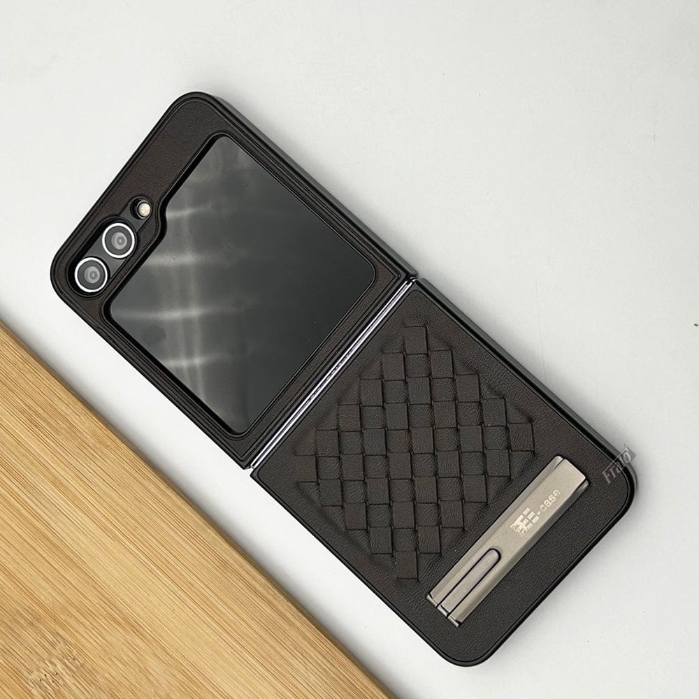 Samsung Galaxy Z Flip 6 PU Leather Checks Grid Pattern Kickstand Case Cover