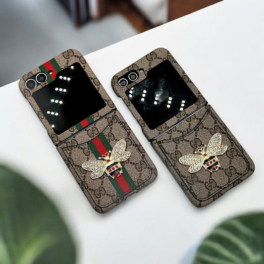 Samsung Galaxy Z Flip 5 Luxury GG Brand 3D BEE Design Card Holder Leather Case Cover