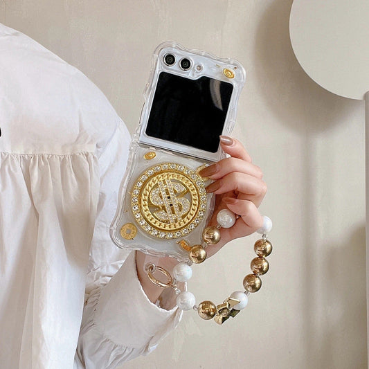 Samsung Galaxy Z Flip 7FE Premium Rotation Dollar Bracelet Wristband Chain Phone Case Cover