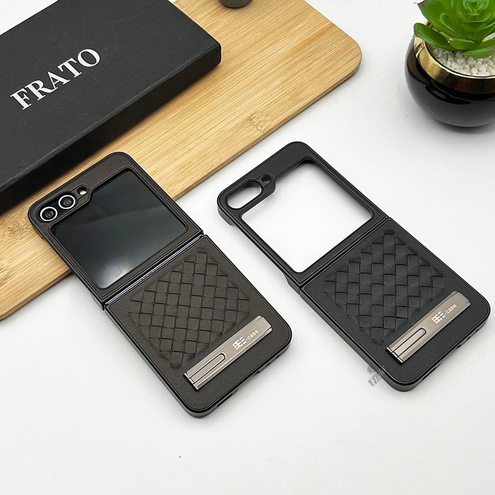 Samsung Galaxy Z Flip 6 PU Leather Checks Grid Pattern Kickstand Case Cover