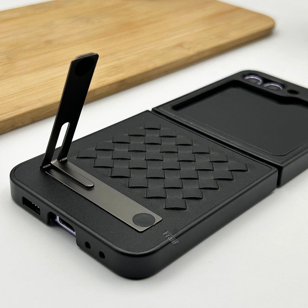 Samsung Galaxy Z Flip 6 PU Leather Checks Grid Pattern Kickstand Case Cover
