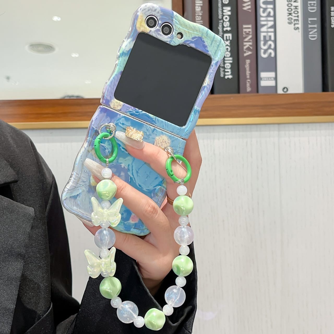 Samsung Galaxy Z Flip 5 Wavy Design Floral Print Glossy Back Case Cover With Crystal Pearl Chain