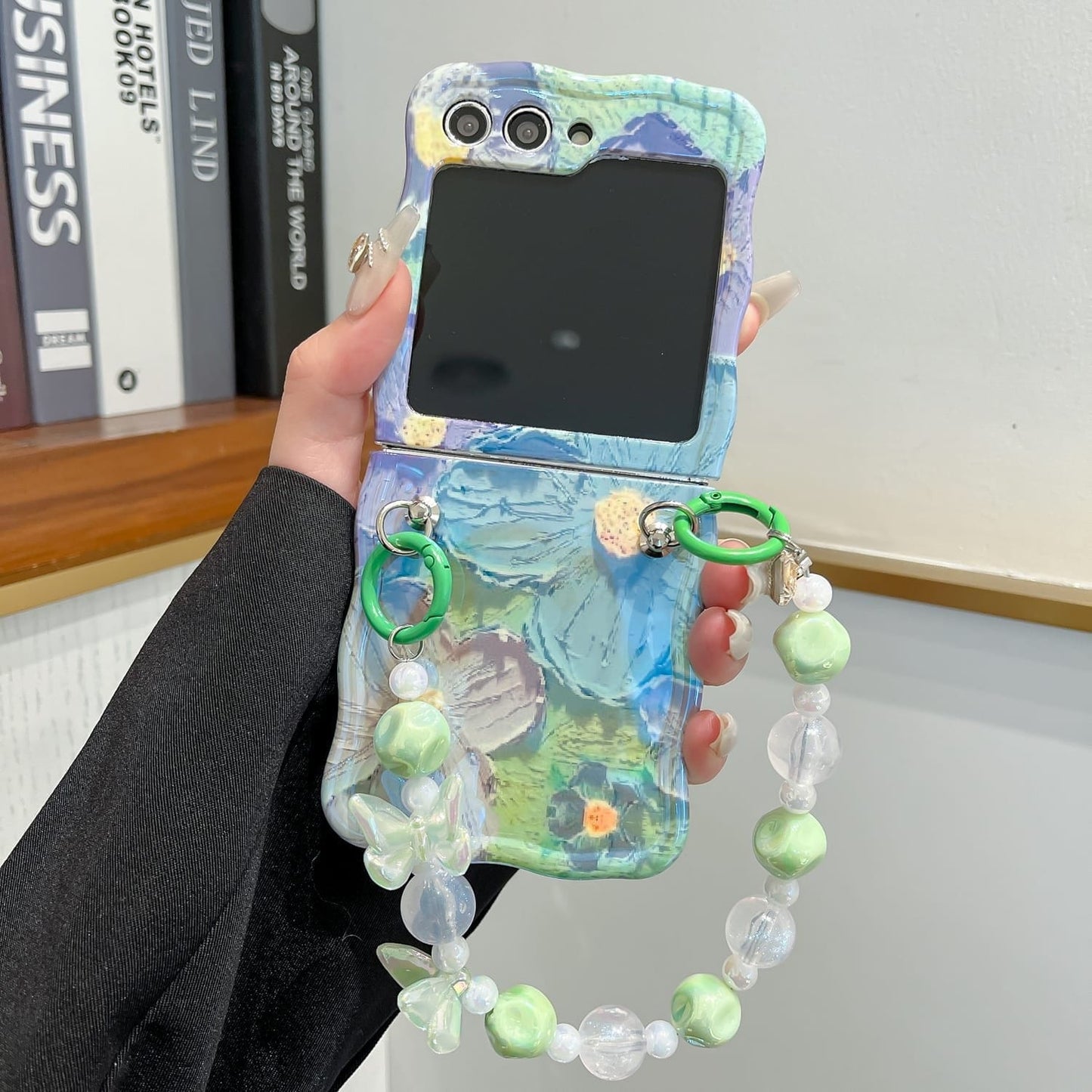 Samsung Galaxy Z Flip 5 Wavy Design Floral Print Glossy Back Case Cover With Crystal Pearl Chain