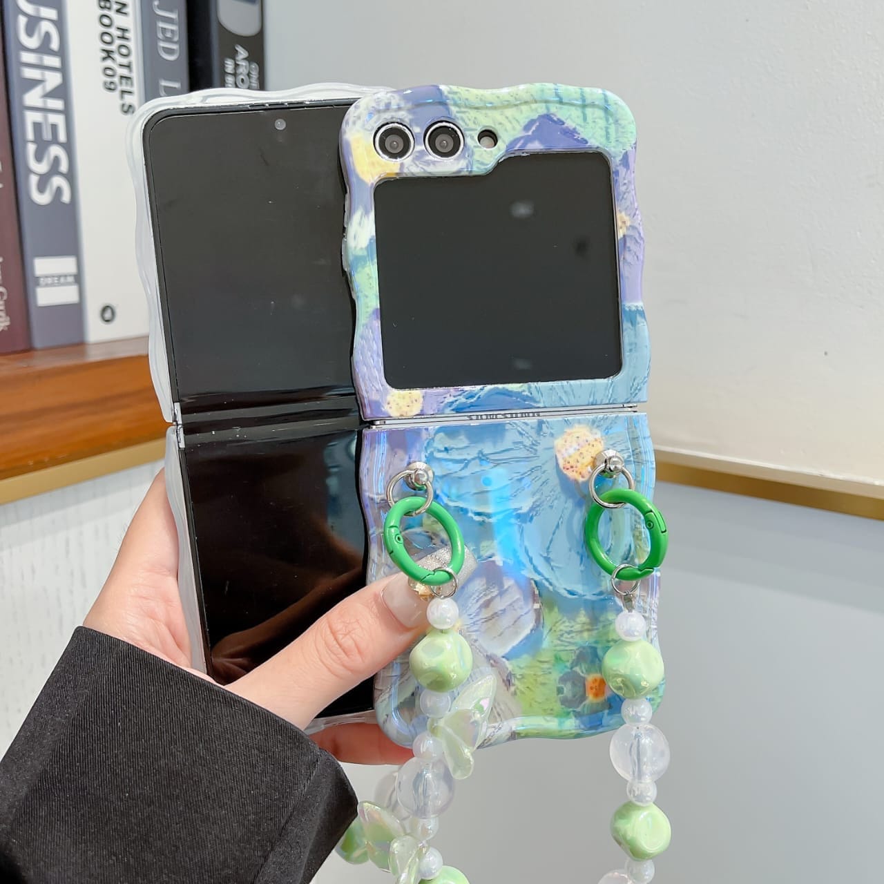 Samsung Galaxy Z Flip 5 Wavy Design Floral Print Glossy Back Case Cover With Crystal Pearl Chain