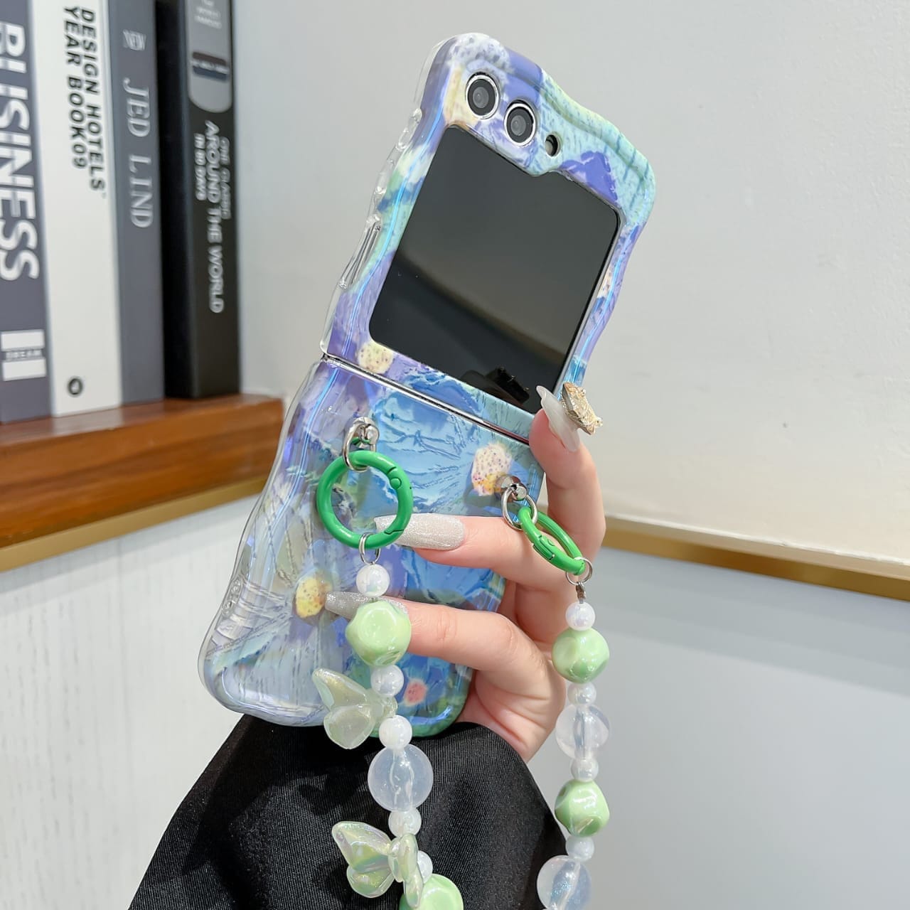 Samsung Galaxy Z Flip 5 Wavy Design Floral Print Glossy Back Case Cover With Crystal Pearl Chain