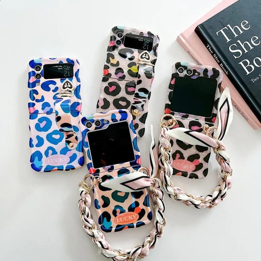 Samsung Galaxy Z Flip 6 Fashion Colorful Leopard Print Phone Case With Wrist Strap