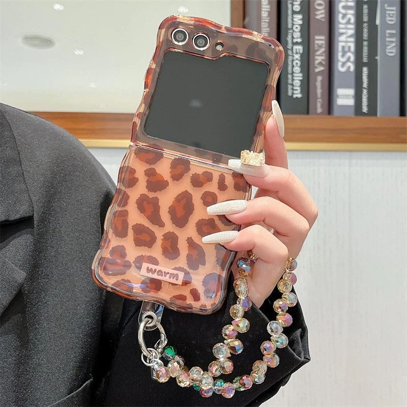 Samsung Galaxy Z Flip 7FE Leopard Print Case With Crystal Beaded Holder