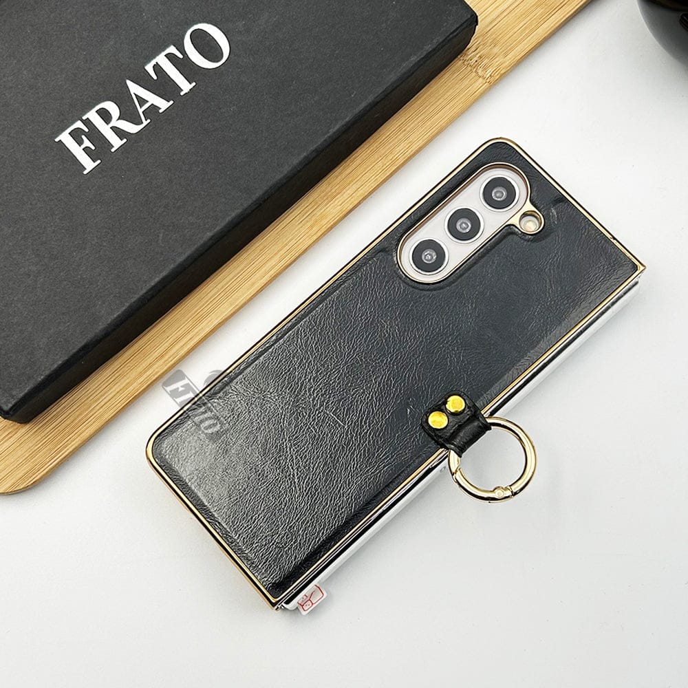 Samsung Galaxy Z Fold 5 PU Leather Chrome Plated With Front Screen Protector Metal Ring Case Cover
