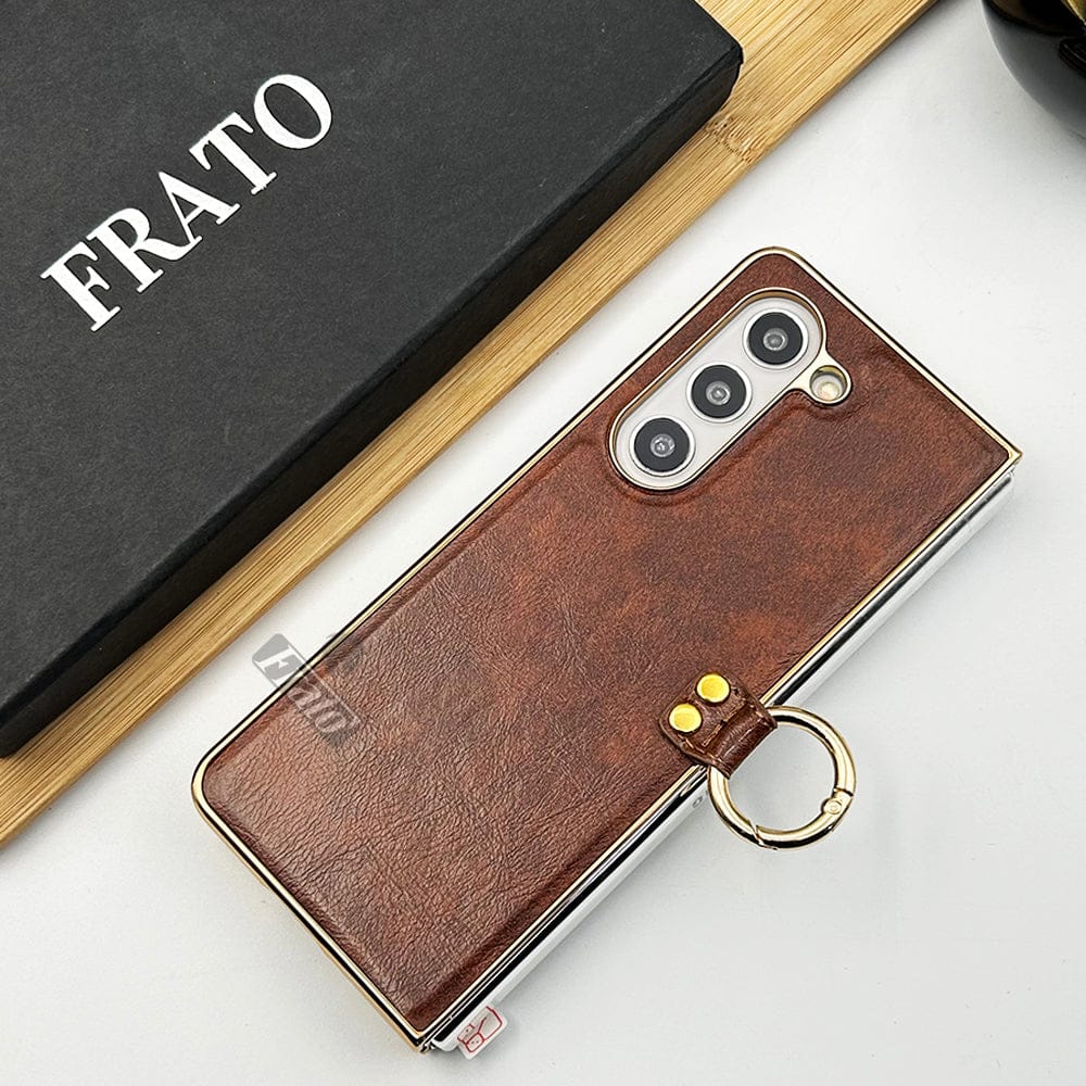 Samsung Galaxy Z Fold 5 PU Leather Chrome Plated With Front Screen Protector Metal Ring Case Cover
