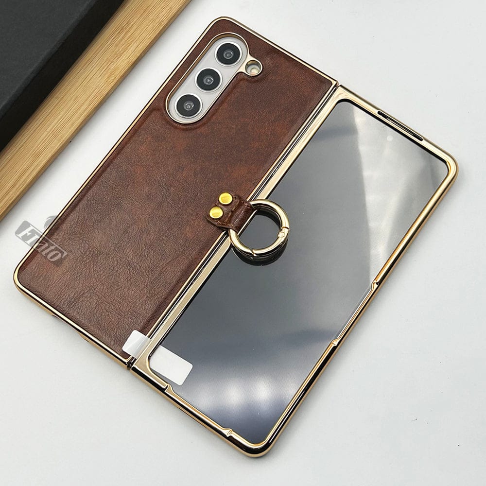 Samsung Galaxy Z Fold 5 PU Leather Chrome Plated With Front Screen Protector Metal Ring Case Cover
