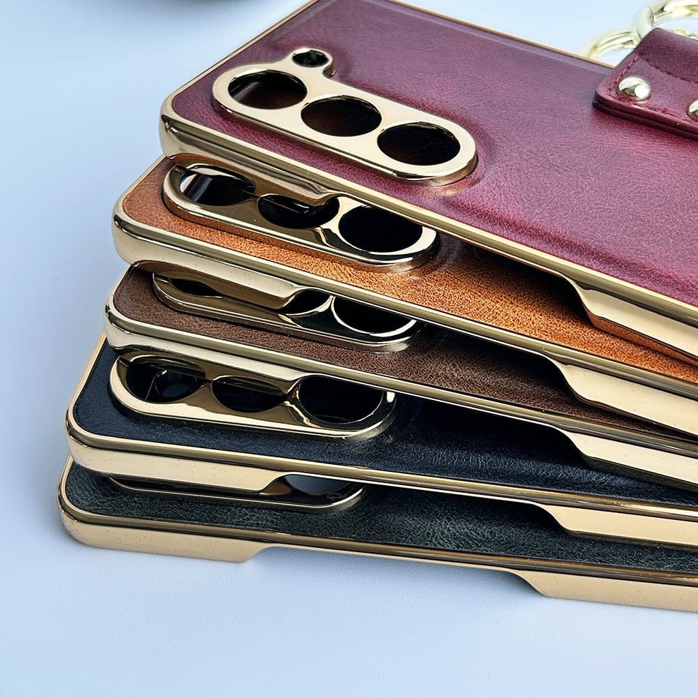 Samsung Galaxy Z Fold 5 PU Leather Chromeplated Ring Case Screen Protector Cover