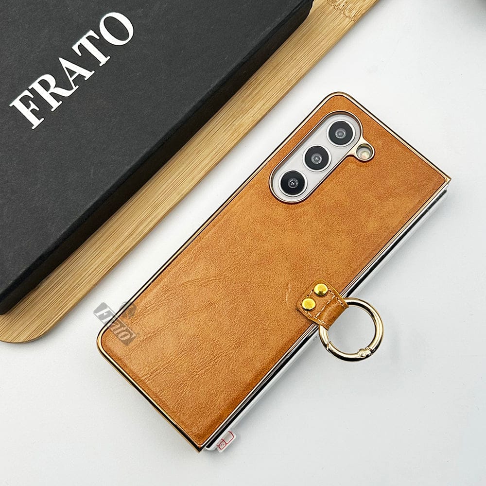 Samsung Galaxy Z Fold 5 PU Leather Chrome Plated With Front Screen Protector Metal Ring Case Cover