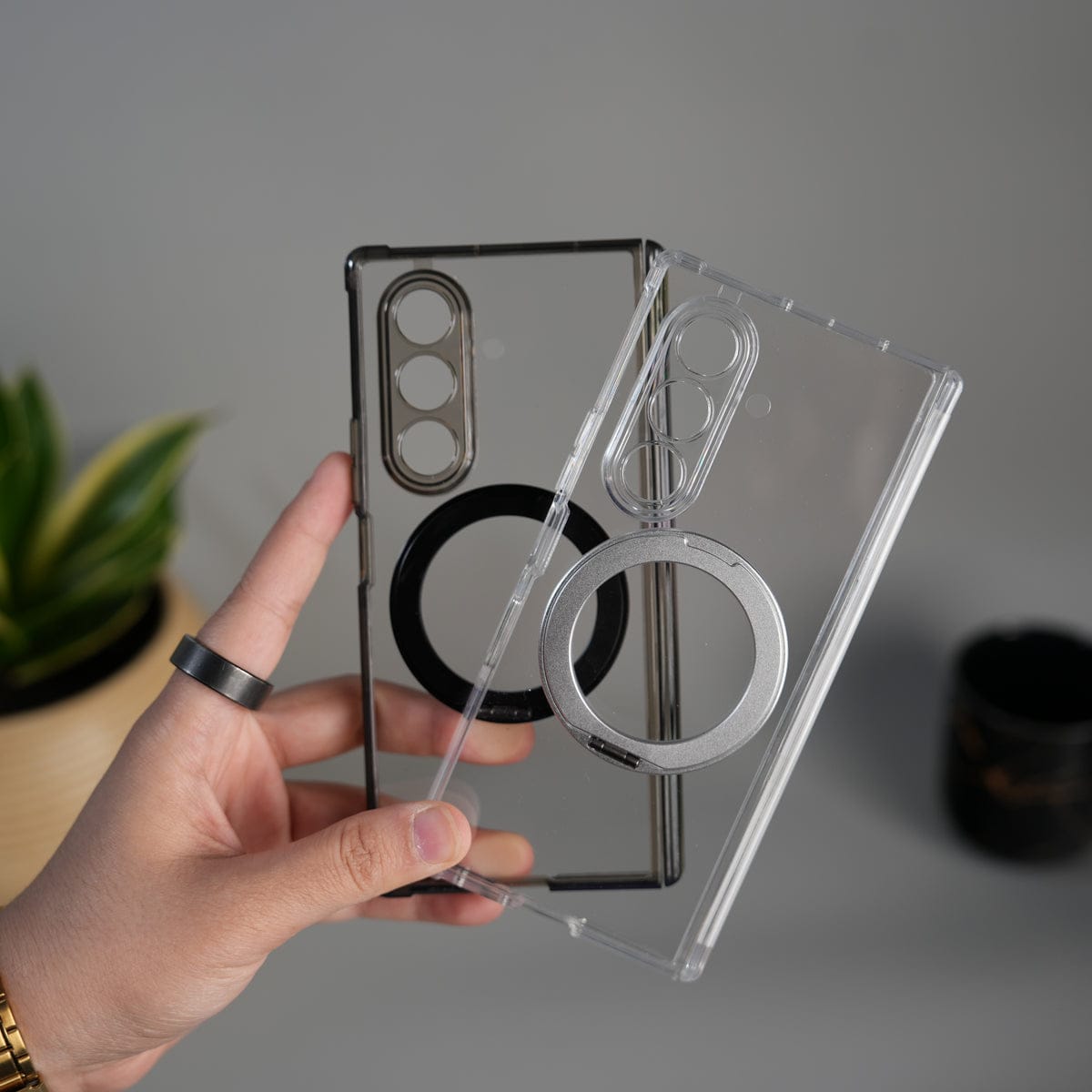 Galaxy Z Fold 7 Transparent Case with Ring Stand | Clear Shockproof Cover