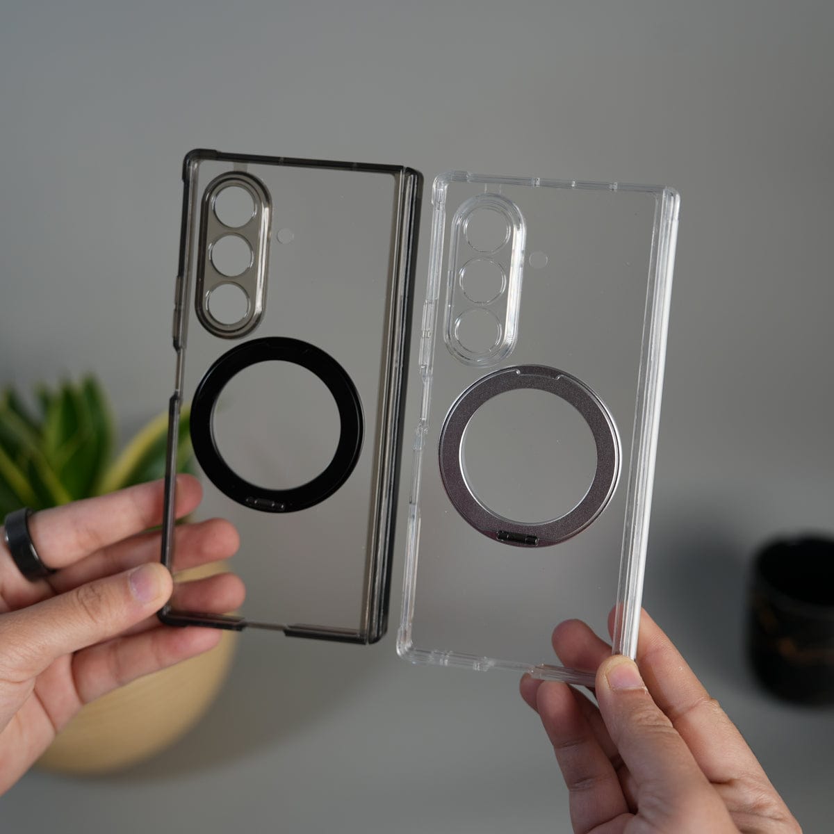 Galaxy Z Fold 7 Transparent Case with Ring Stand | Clear Shockproof Cover