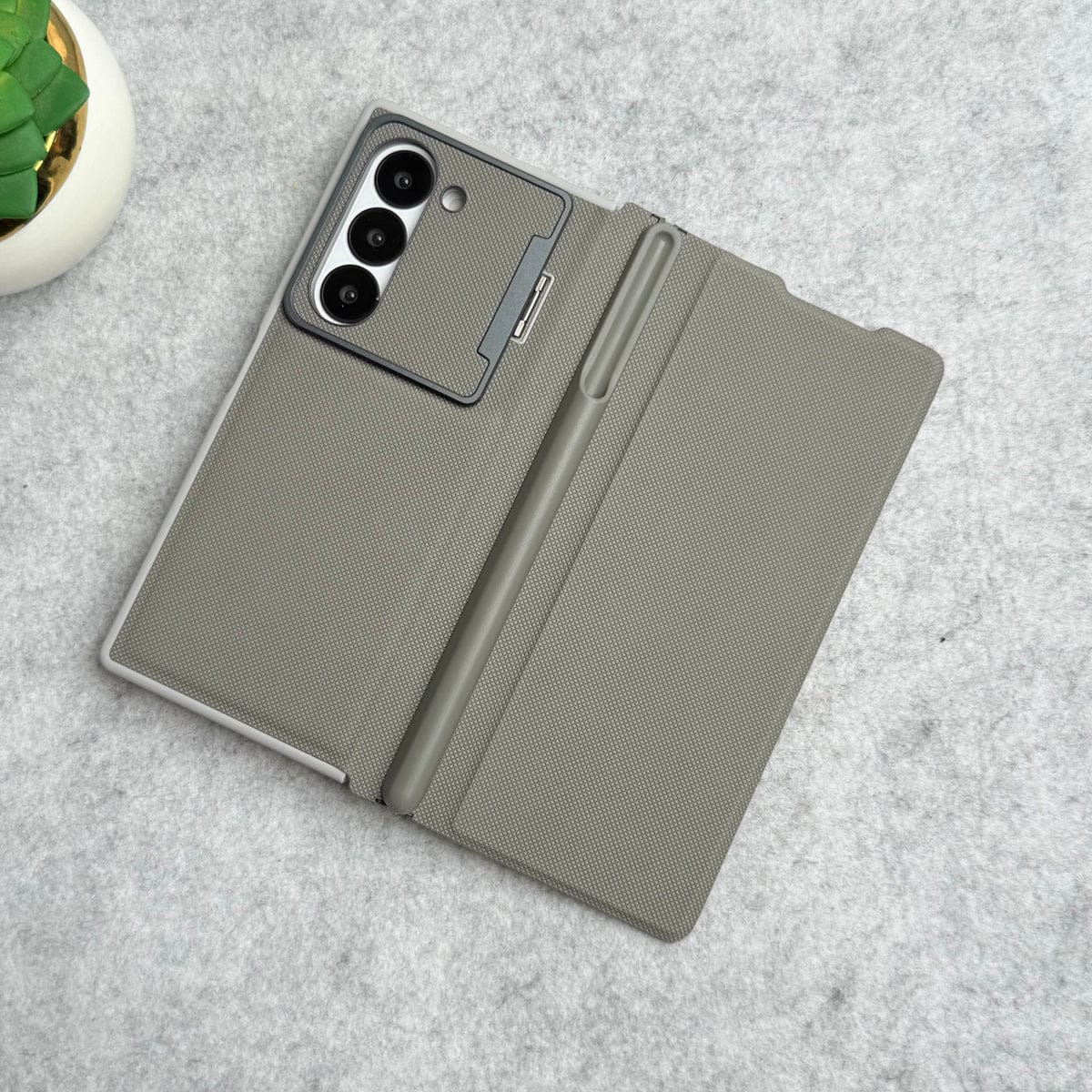 Samsung Galaxy Z Fold 5 Premium Leather Textured Flip Case with Metal Kick Stand Cover