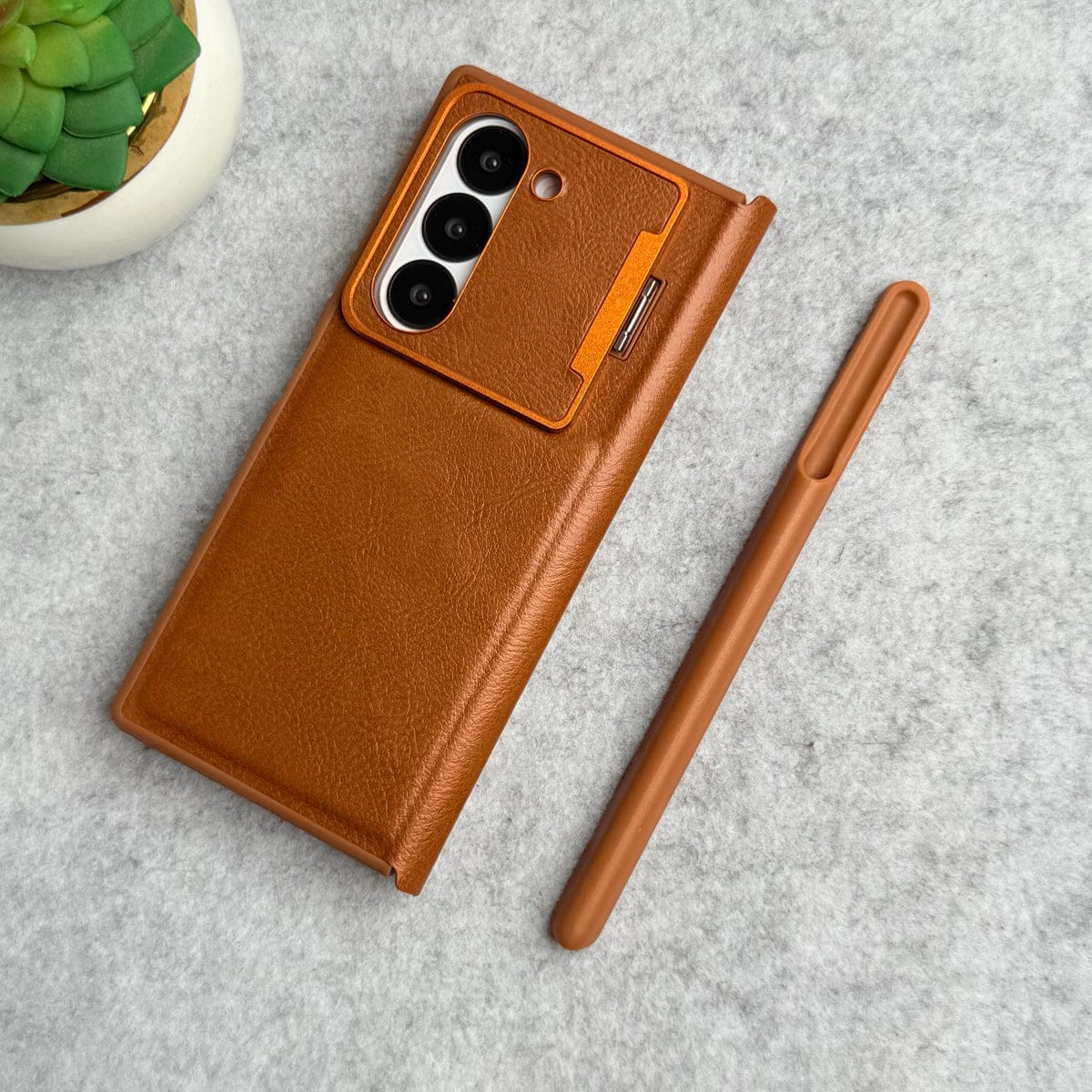 Samsung Galaxy Z Fold 6 Premium Leather Textured Flip Case with Metal Kick Stand Cover