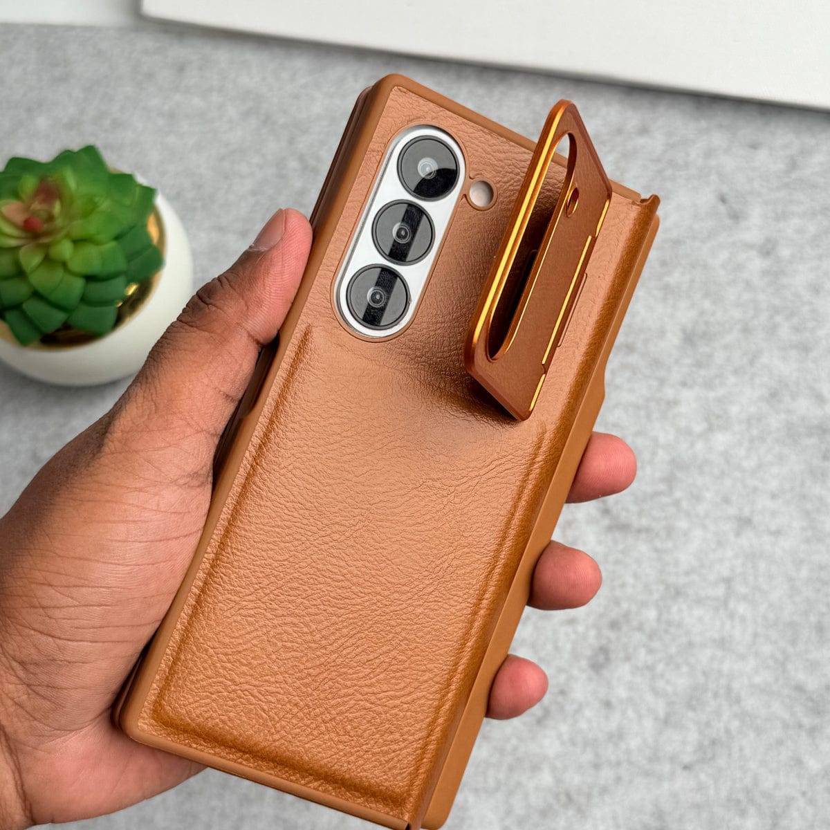 Samsung Galaxy Z Fold 5 Premium Leather Textured Flip Case with Metal Kick Stand Cover