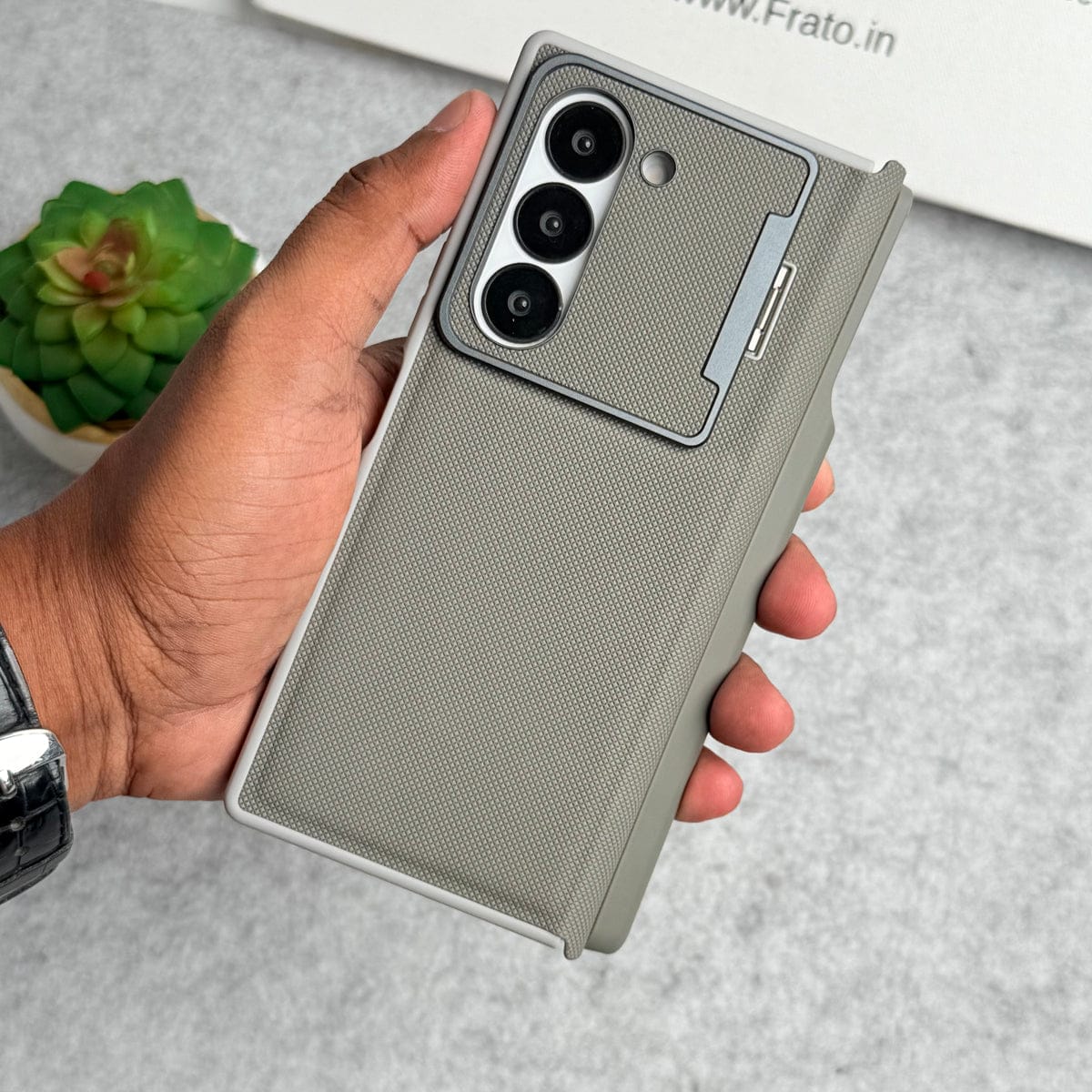 Samsung Galaxy Z Fold 5 Premium Leather Textured Flip Case with Metal Kick Stand Cover