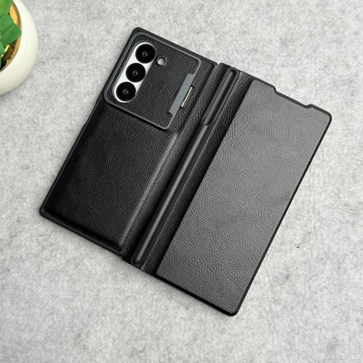 Samsung Galaxy Z Fold 6 Premium Leather Textured Flip Case with Metal Kick Stand Cover