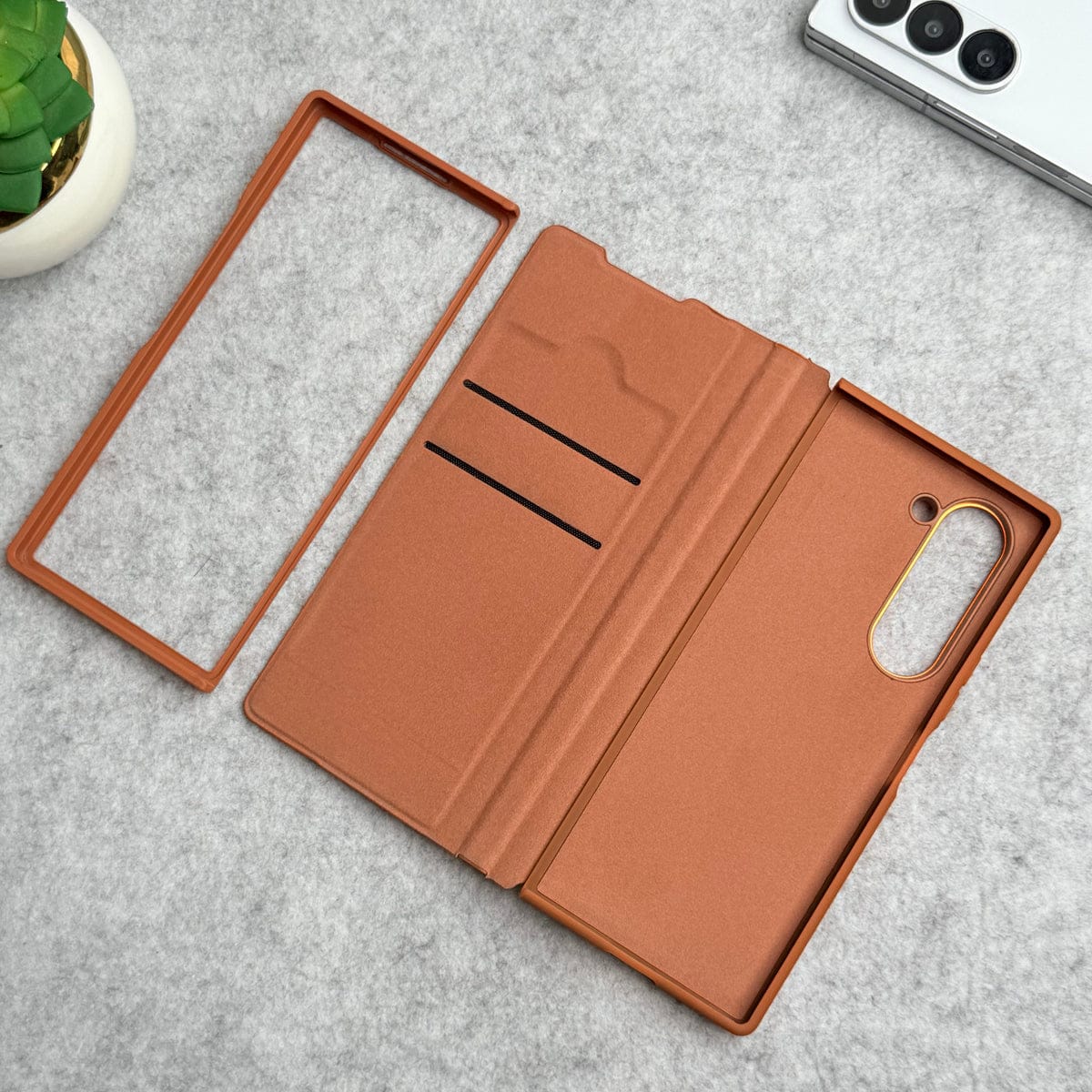 Samsung Galaxy Z Fold 6 Premium Leather Textured Flip Case with Metal Kick Stand Cover