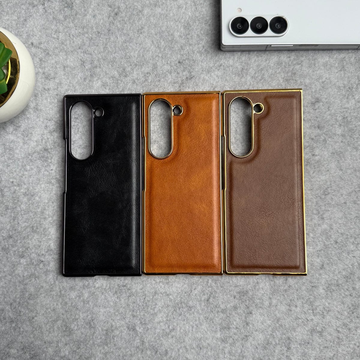 Samsung Galaxy Z Fold 5 PU Leather Chrome Plated Front Screen Protector Case Cover
