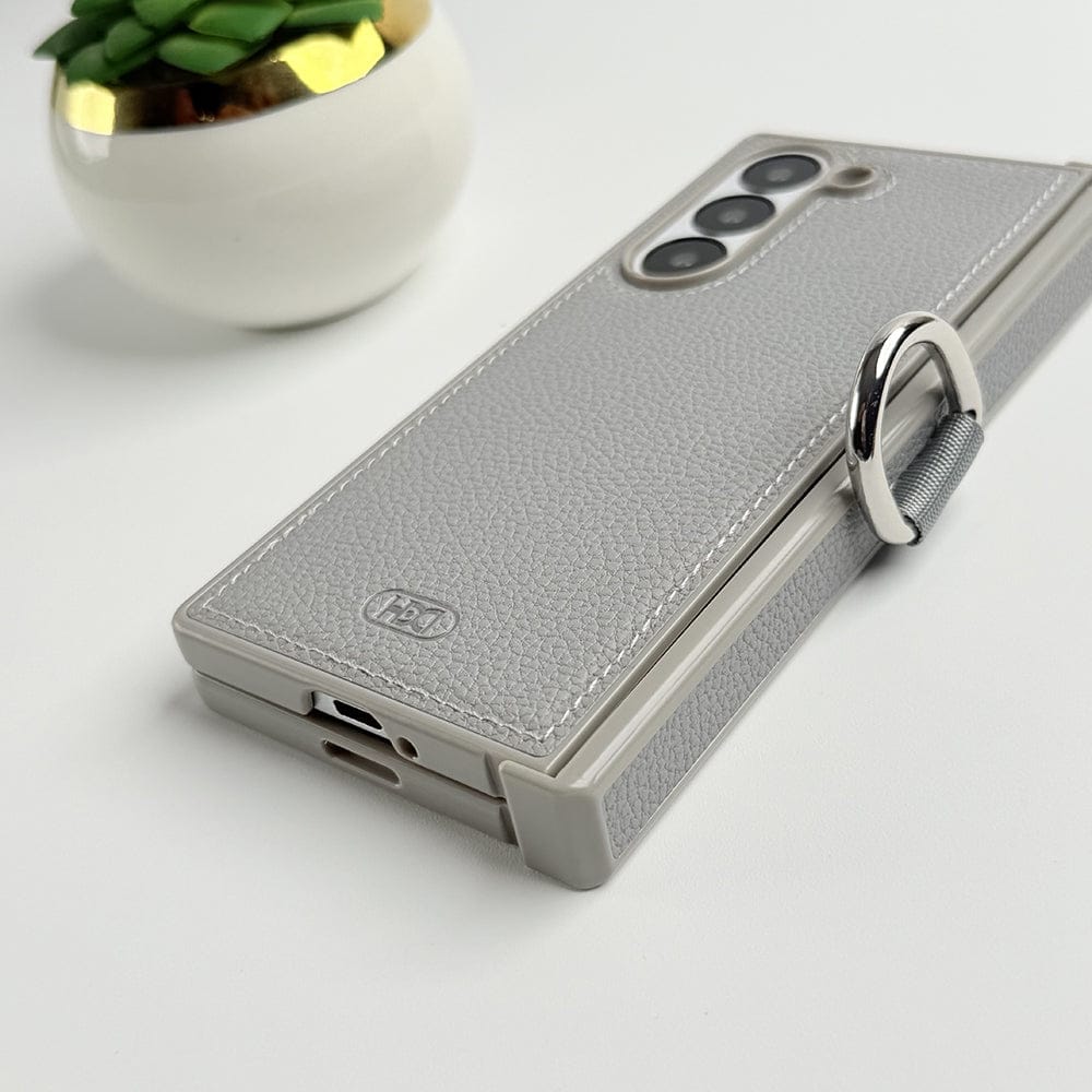 Samsung Galaxy Z Fold 6 PU Leather Hinge Protection Metal Ring Case Cover