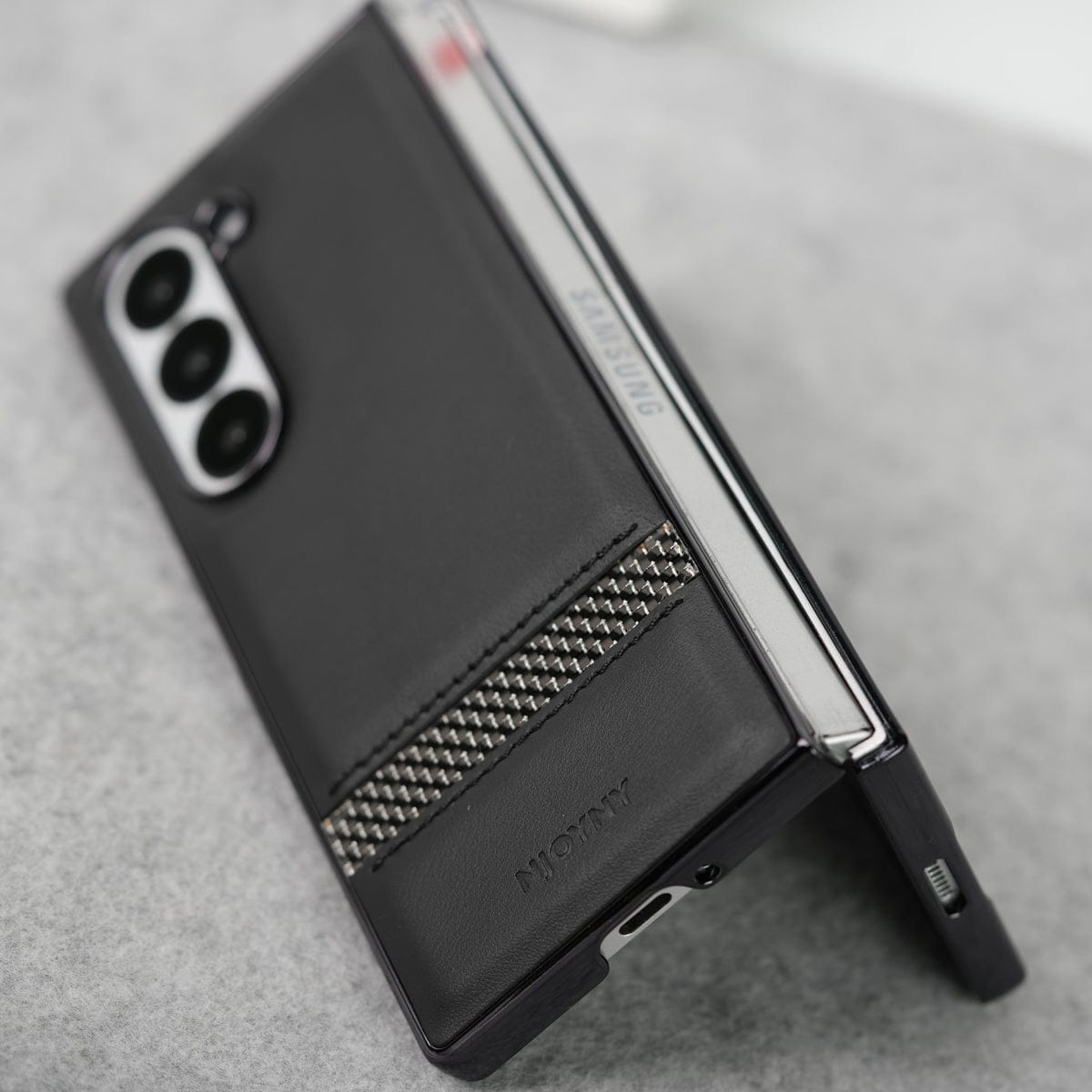 Samsung Galaxy Z Fold 6 Stripe PU Leather Side Chrome Case With Front Glass