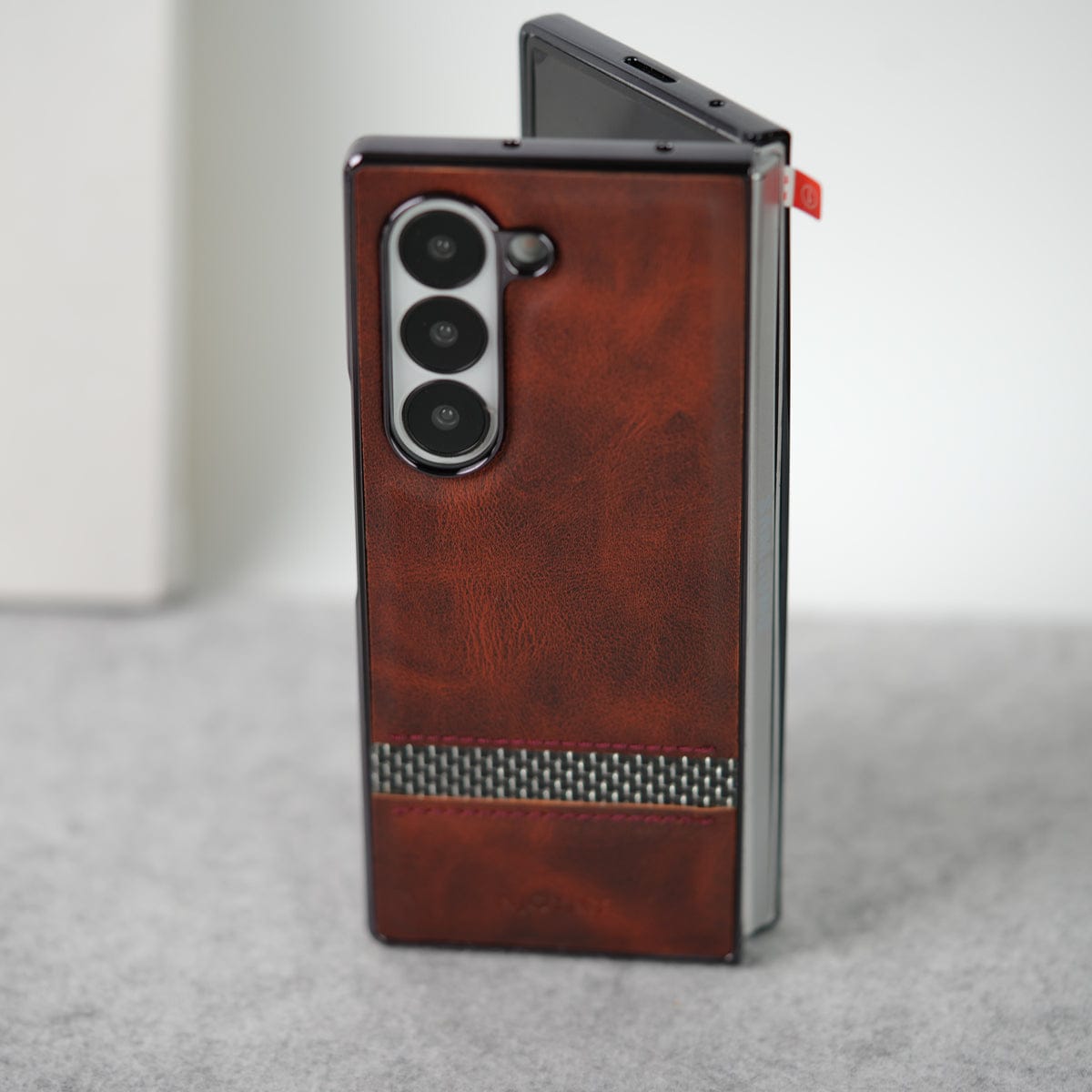 Samsung Galaxy Z Fold 6 Stripe PU Leather Side Chrome Case With Front Glass