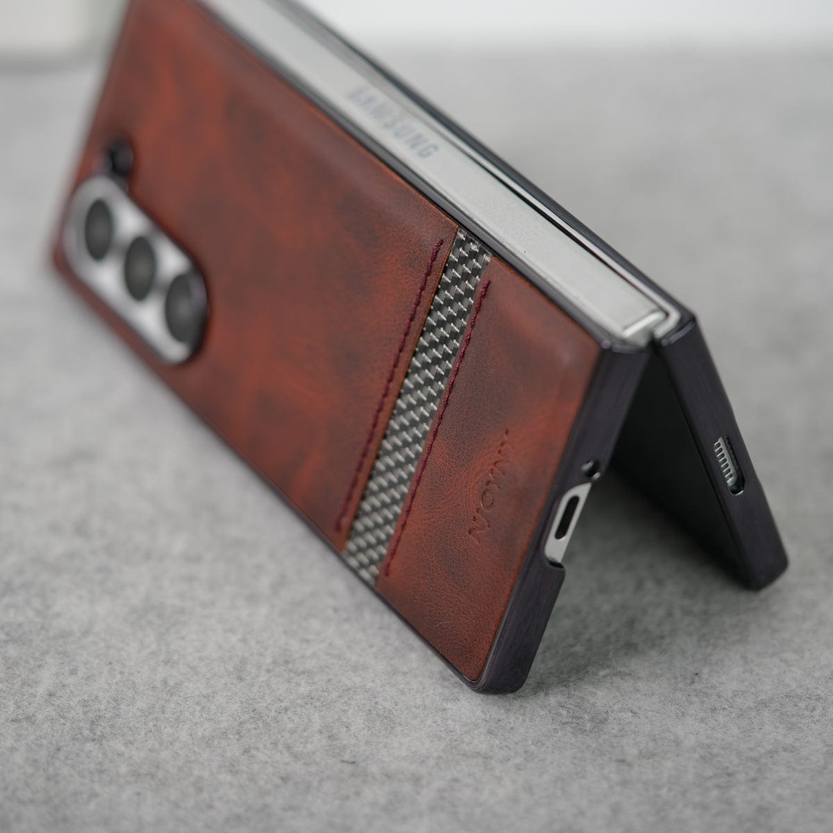 Samsung Galaxy Z Fold 6 Stripe PU Leather Side Chrome Case With Front Glass