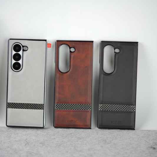 Samsung Galaxy Z Fold 6 Stripe PU Leather Side Chrome Case With Front Glass
