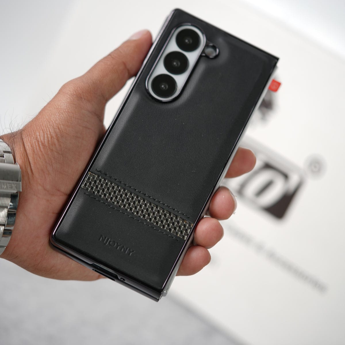 Samsung Galaxy Z Fold 6 Stripe PU Leather Side Chrome Case With Front Glass