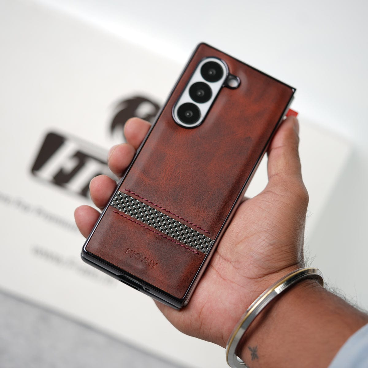 Samsung Galaxy Z Fold 6 Stripe PU Leather Side Chrome Case With Front Glass